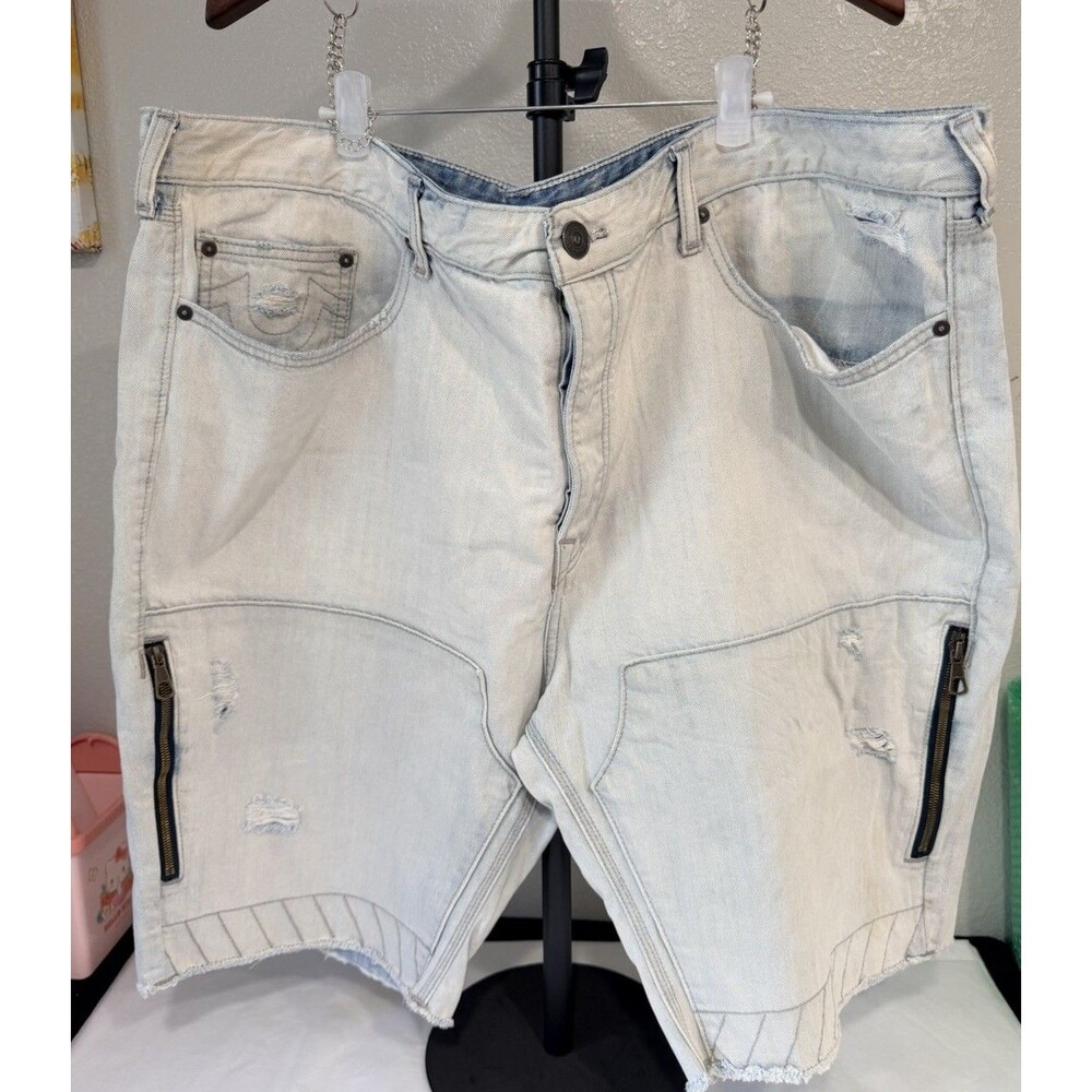 True Religion Moto Denim Jorts Light Wash Distressed Horseshoe Men’s Size 44